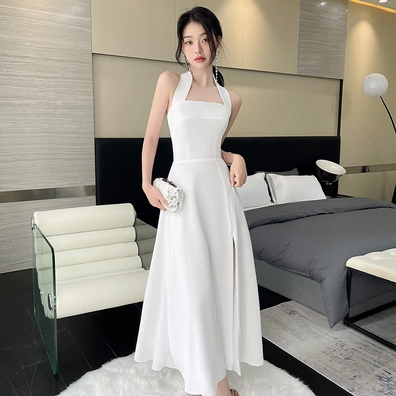 Women's White Satin Bridesmaid Dresses Summer Wedding Sisters Group Little White Dress Female V-Neck Solid Color Evening Dress