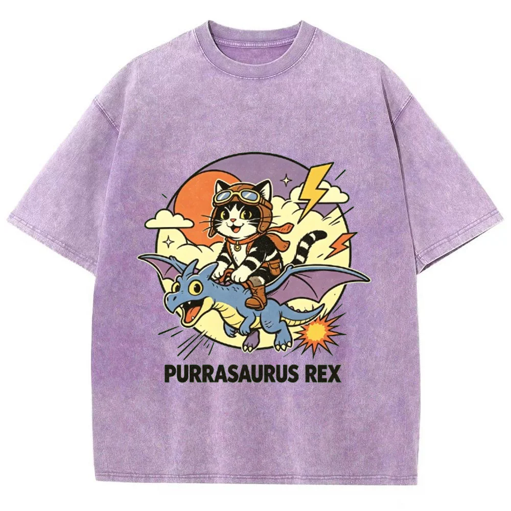 Vintage Graphic Tee Men Women Purrasaurus Rex Pilot Cat Riding Flying Dragon Retro Sky Lightning Funny Cartoon Short Sleeve