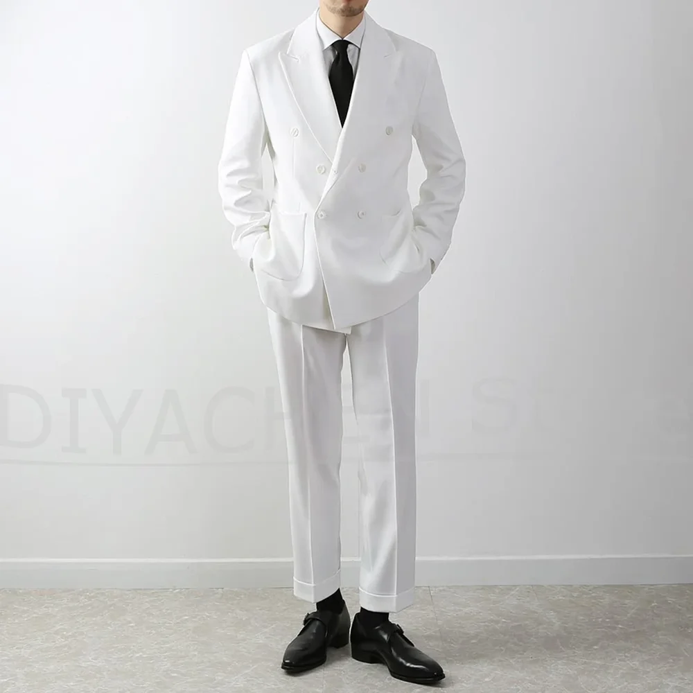 

Men White Double Breasted Suit 2 Piece Set Peak Lapel Outfit Blazer with Pants Formal Business Wedding Groom Prom Tuxedo
