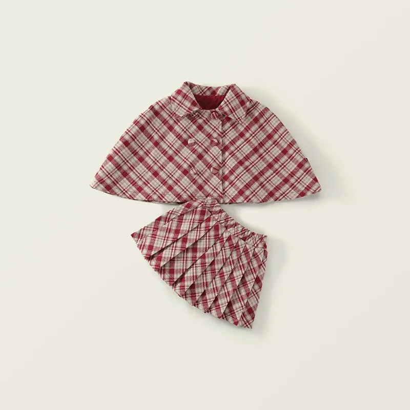 

Baby Cloak Skirt Set Winter Girls Temperament Sweet Woolen Plaid Cloak Top Red Half Body Pleated Skirt Two Piece Clothes Suit