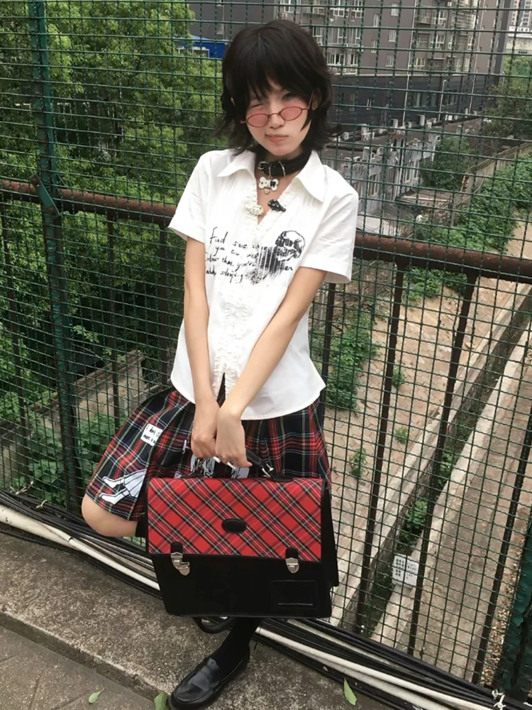 Y2k japonês com decote em v camisa fina moda feminina manga curta camisetas impressão harajuku vintage americano retro 90s casual topos verão