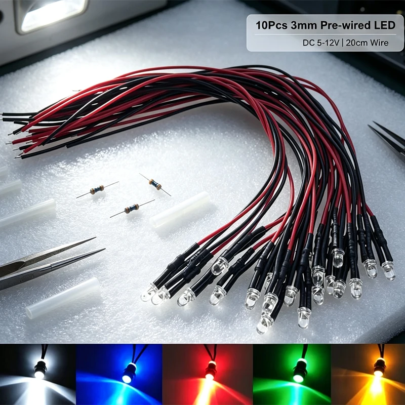 10PCS 3mm LED 5-12V 20cm Pre-wired White Red Green Blue Yellow UV RGB Diode Lamp Decoration Light Emitting Diodes Pre-soldered