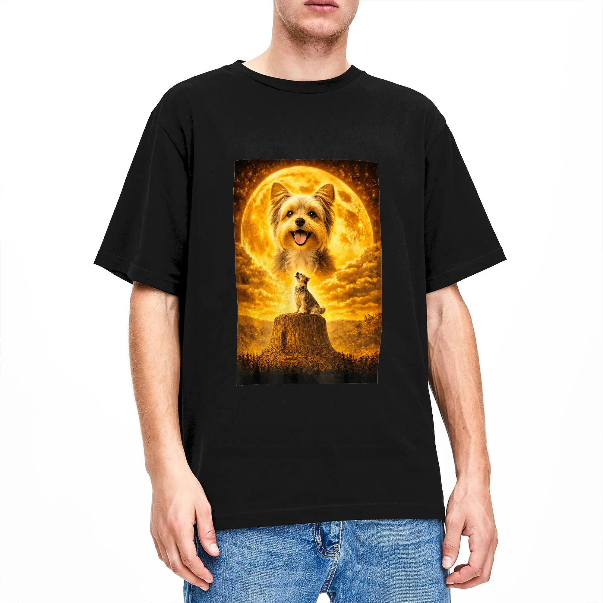 Yorkie Howling to The Moon Vintage Funny Yorkshire Cotton T-Shirt For Men Summer Aesthetic T-Shirts Hip Hop Tee Shirt Oversized