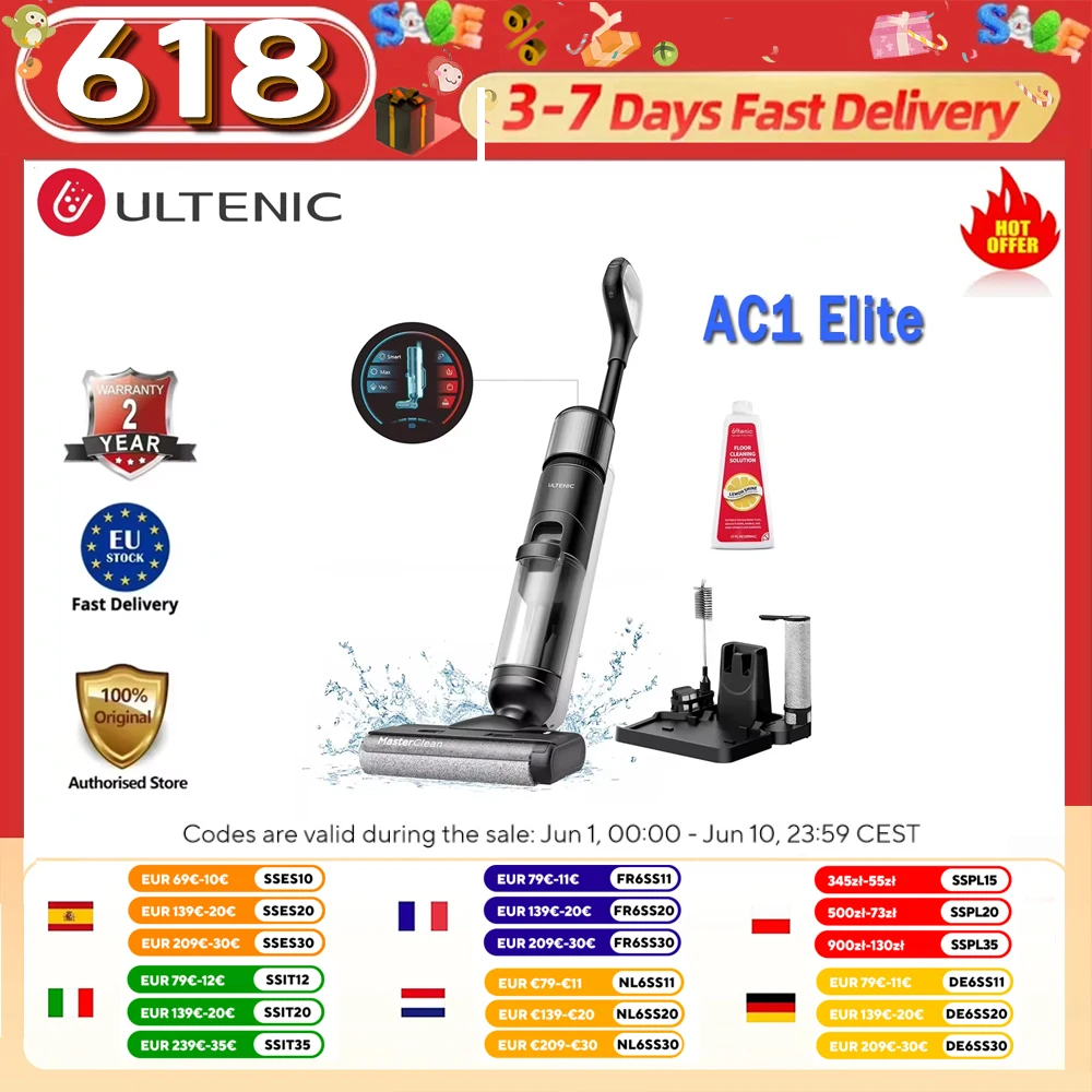 Aspirateur et serpillière sans fil Ultenic Ac1 Elite avec fonction autonettoyante, jusqu'à 50 minutes d'autonomie, détection intelligente de la saleté, 3 modes de nettoyage Aspirateur et serpillière sans fil Ultenic Ac1 Elite avec fonction autonettoyante, jusqu'à 50 minutes d'autonomie, détection intelligente de la saleté, 3 modes de nettoyage