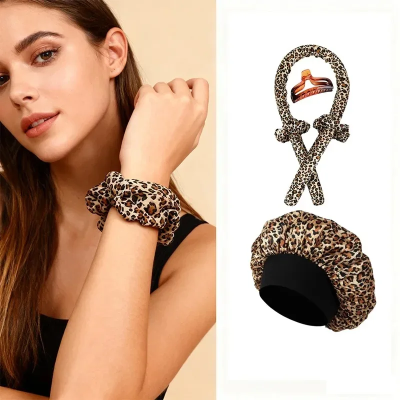 5PCS Leopard Print Heatless Curling Rods Set with Sleep Cap for Overnight Styling No Heat Hair Rollers for Women Natural Waves