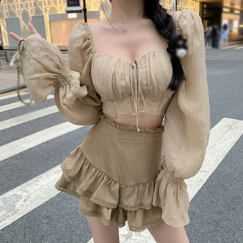 Summer Flare Sleeve Women Tops Ruffle Solid Elastic Waist Chiffon Slim Ladies Harajuku Sexy Short Blouse