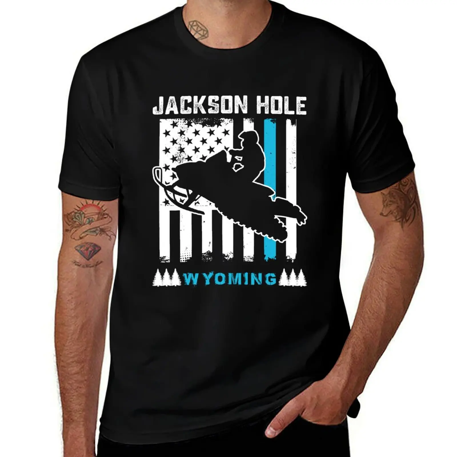 

jackson hole wyoming snowmobile american flag riding usa flag T-Shirt Soft Touch Basic Cotton T-Shirt