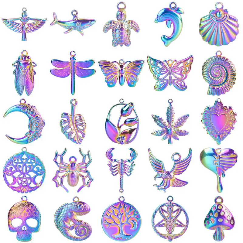 

10pcs Punk Shark,Eagle,Spider Rainbow Charms Stainless Steel Insect Moon Pendant Jewelry Making Heart Necklace Women/Men Craft