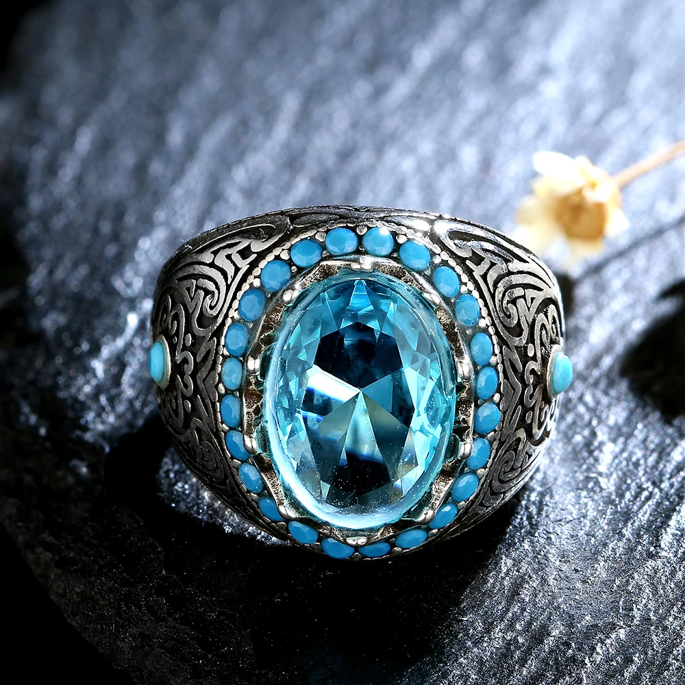 

Silver Ring for Men with Oval Blue Zircon Stone Ring Aquamarine Gemstone Jewelry Male Thai Silver Turkish Jewelry