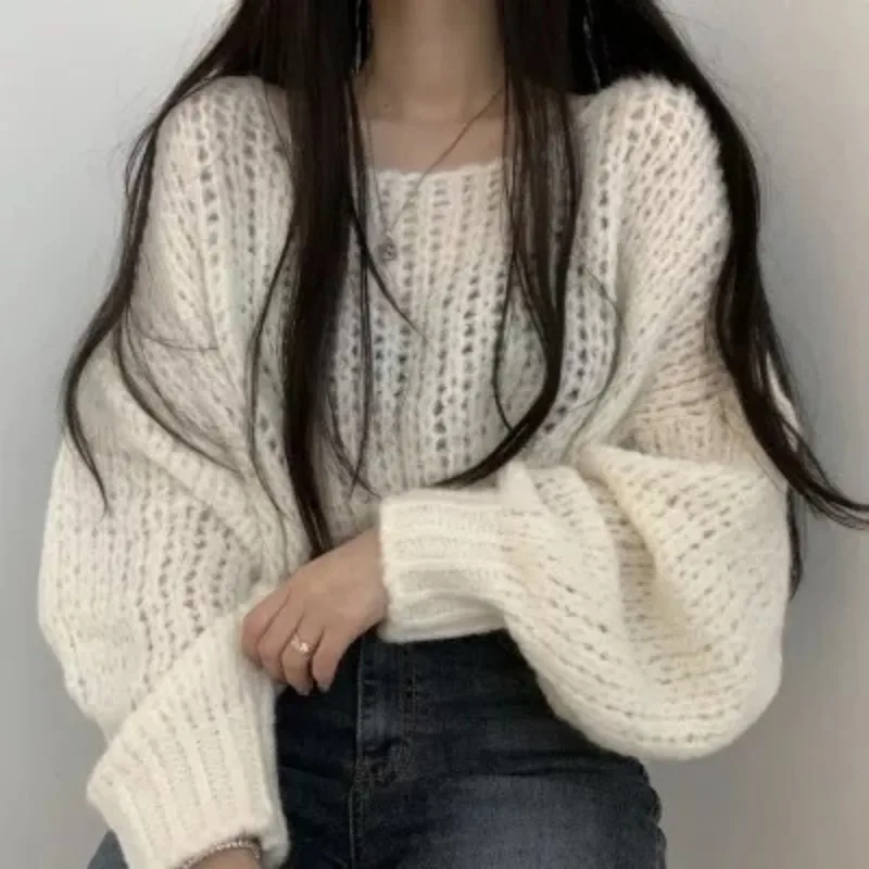 Autumn and Winter Women\'s Pullover Round Neck Solid Color Hollow Lantern Long Sleeve Sweater Knitwear Fashion Casual Loose Tops