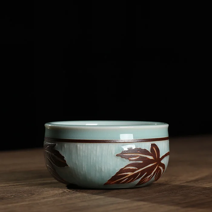 Longquan Celadon Ceramic Jumping Carved Maple Leaf Master Cup Handmade Single Tea Cup