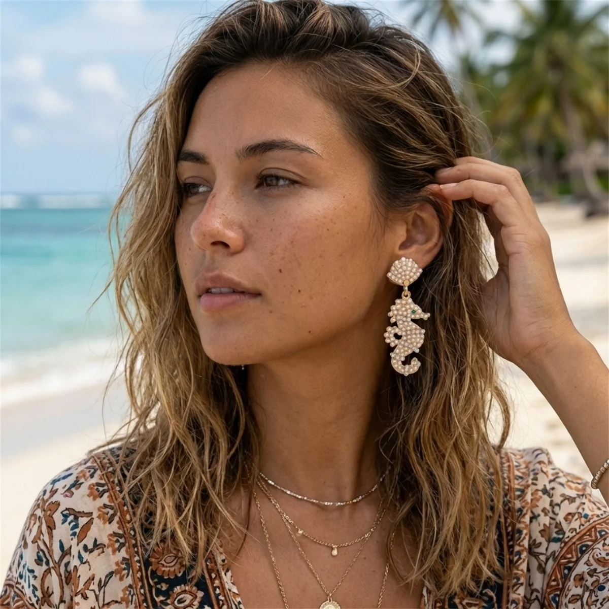 

Delicate Full Imitation Pearl Shell Seahorse Drop Earrings For Women Men Ocean Beach Vacation Sea Animal Earring Summer Jewelry