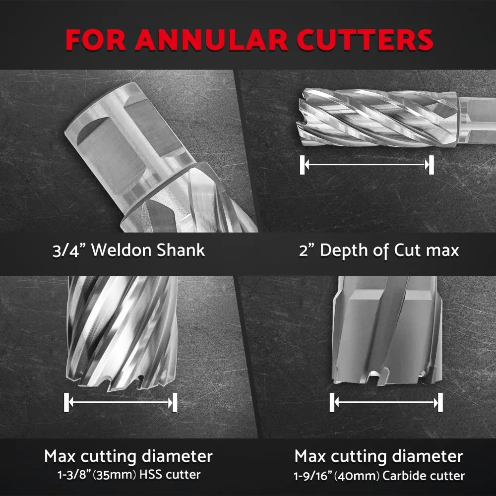 BEST- مجموعة أدوات ضغط المثقاب المغناطيسي المحمولة بقدرة 1100 وات، سرعة تحميل 700 دورة في الدقيقة، أقصى عمق القطع 2"، القطر المملة القصوى 1-9/16 بوصة #4