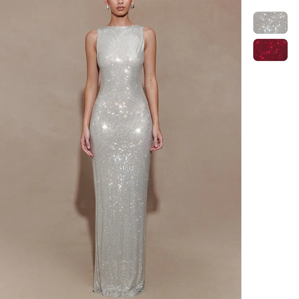 Sexy Sleeveless Sequin Evening Dress with Back Slit, Party Jumpsuit Playsuit Matching Set