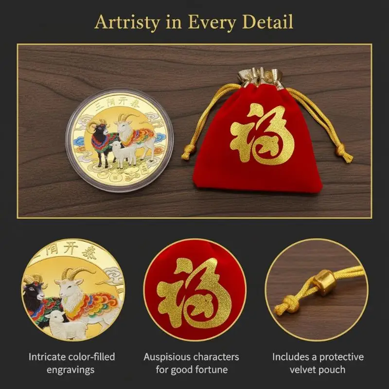 1Pcs Gold Plated Chinese Zodiac Goat  Acrylic Case Red Pouch For Collection New Year Gifts