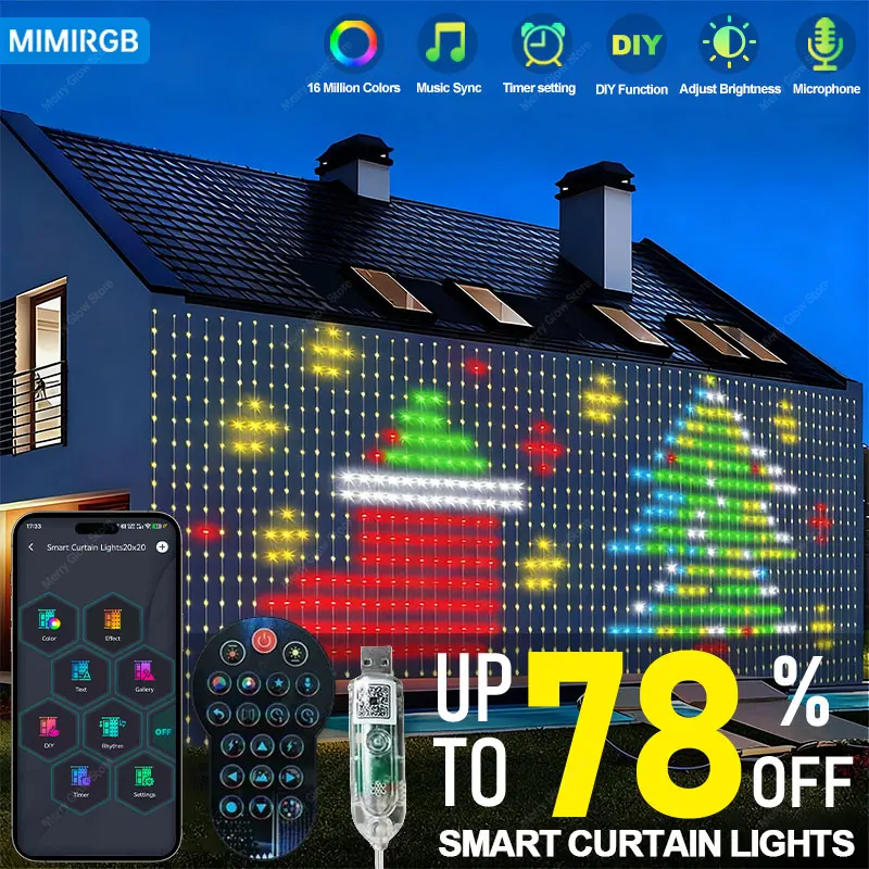 Smart RGB LED Curtain Lights RGB LED String Light AppControl USB DIY Text Animation Display Music Sync for Christmas Party Decor