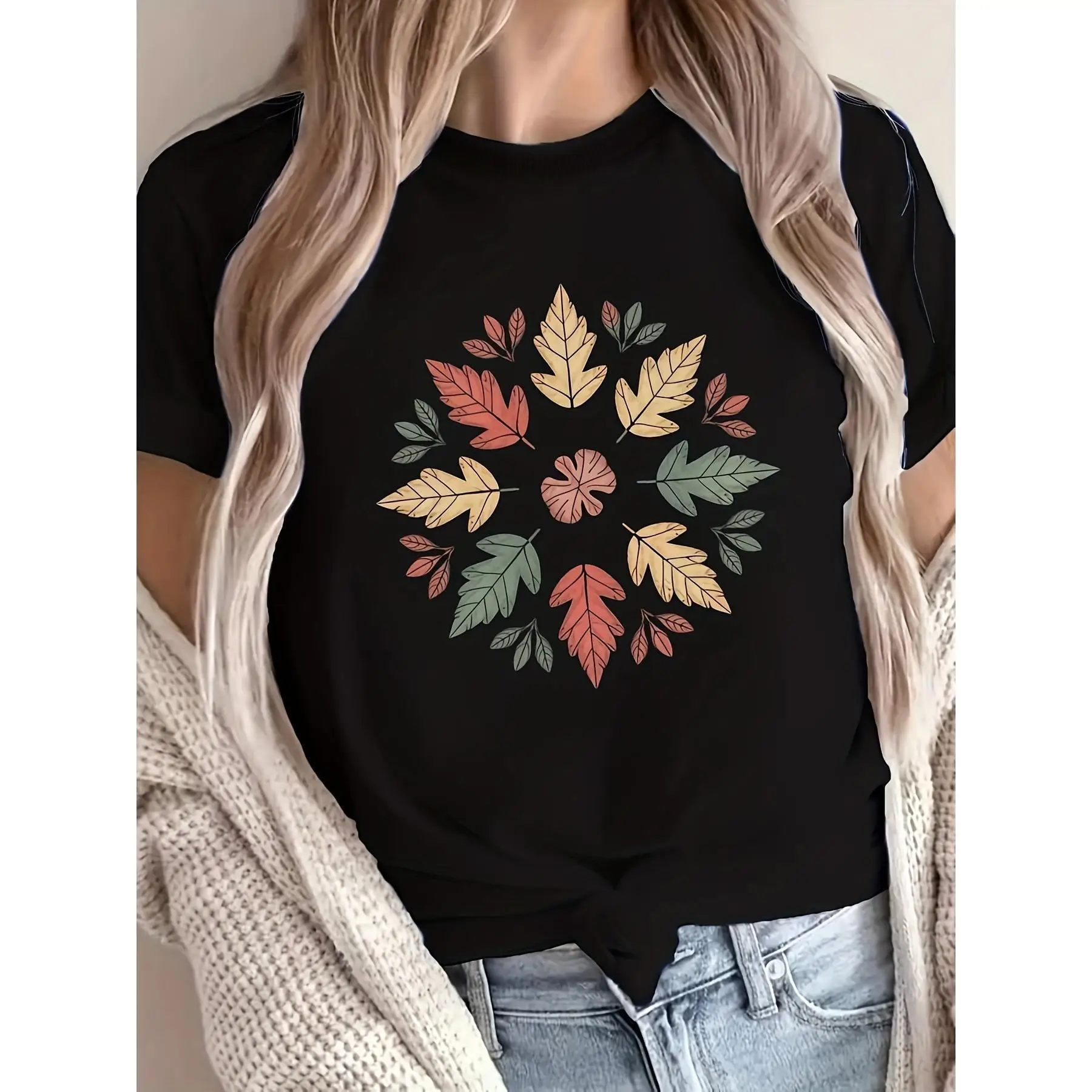 

Vintage Fall Leaf Mandala T Shirt Women Aesthetic Autumn Leaves Print Graphic Tee Boho Inspired Casual Loose Comfort Top