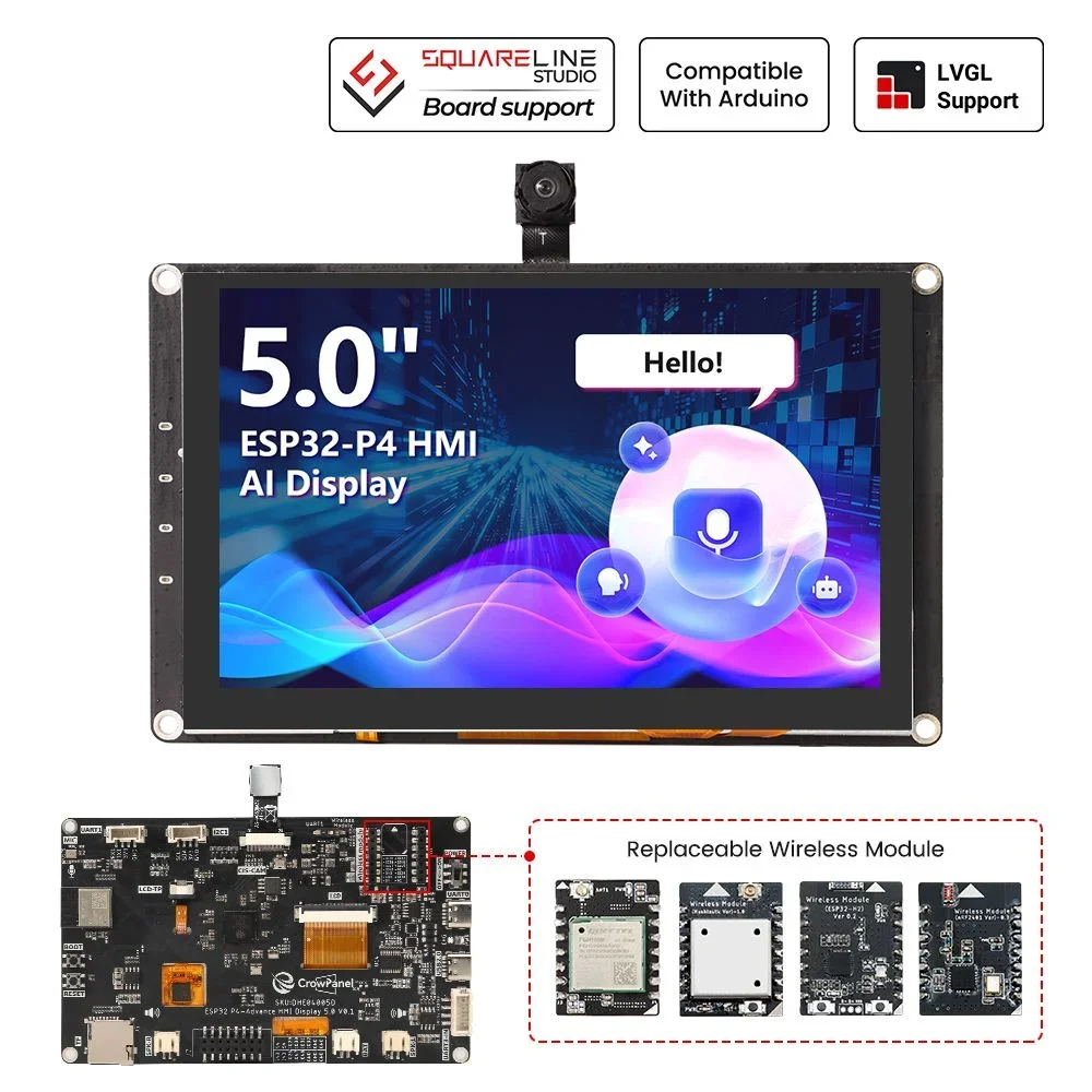 

CrowPanel Advanced 5'' HMI AI Display 800x480 IPS Touch ESP32-P4 Support WiFi 6+BLE,2MP Camera Optional Used for Smart Home