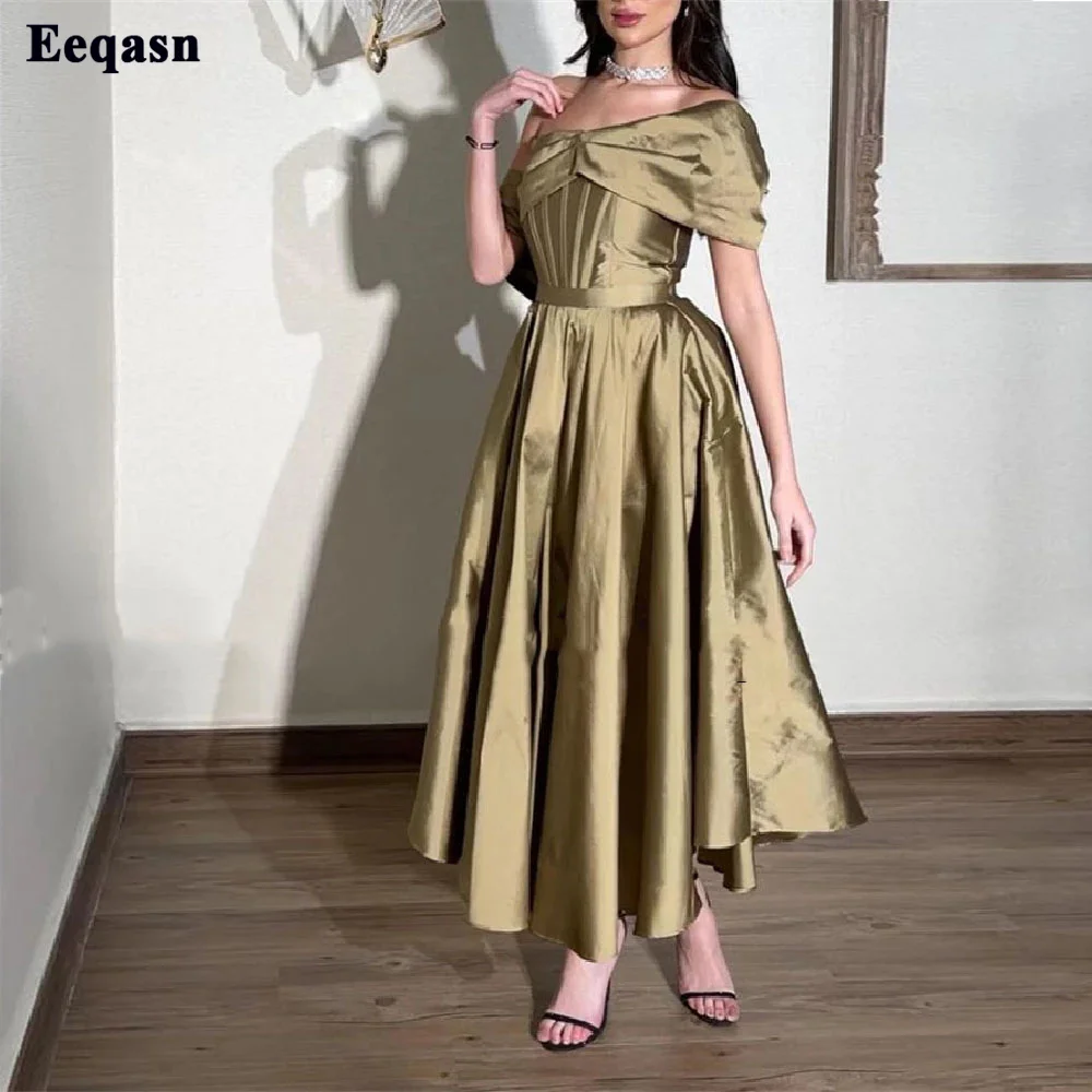 

A Line Saudi Arabia Midi Prom Dresses Off The Shoulder Dubai Evening Dress Ankle Length Short Formal Prom Gowns Women Night Club