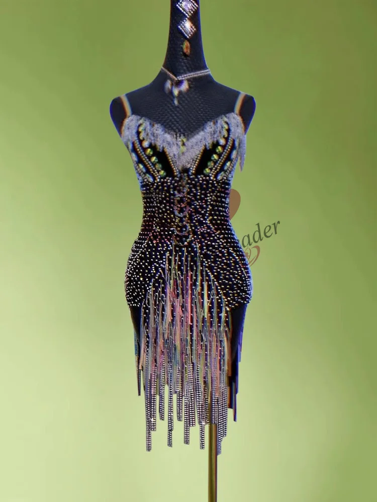 Costume de danse latine professionnel pour enfants, Costume Standard pour adultes avec pompon fait à la main, Rumba Cha Cha Tango, jupe latine