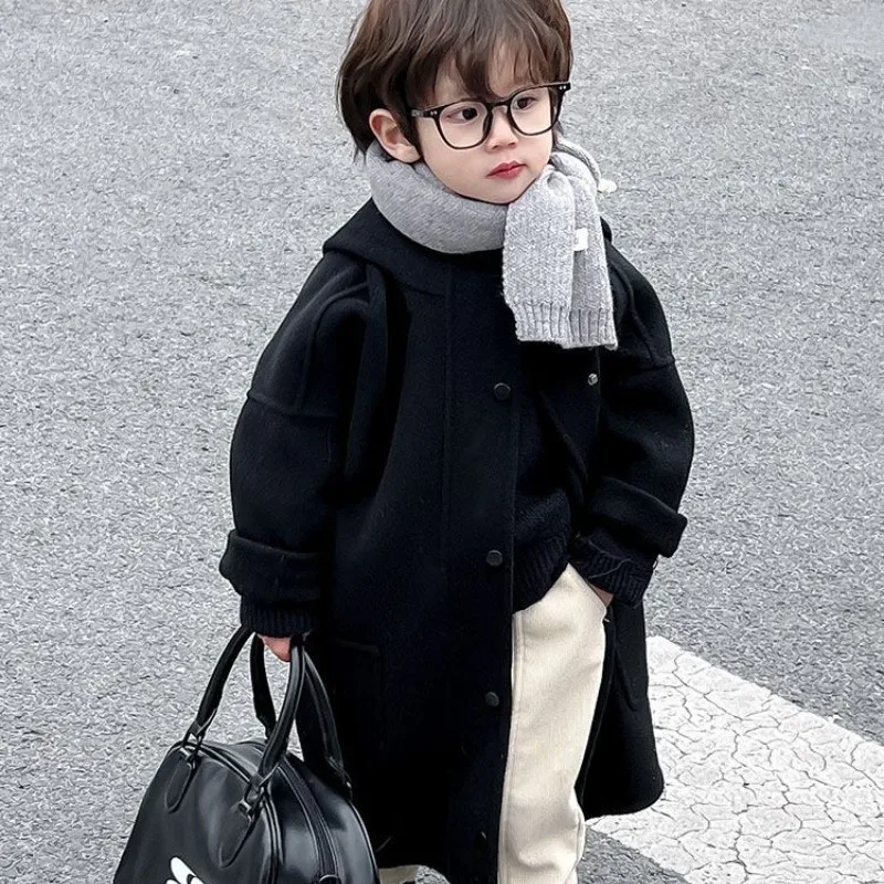 

Autumn and Winter Children's Woolen Coat Windbreaker New Boys' and Girls' Hooded Medium to Long Warm Overcoat 4 6 8 10 12Y