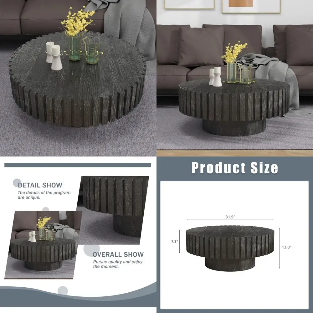 Mid Century Modern Fluted Circle Wood Coffee Table for Living Room, Stylish Drum Shaped Coffee Table with Round Top