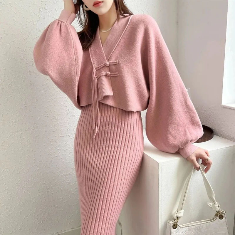 Popular Early Autumn Female Suit Temperament Girl Cardigan Top Small Halter Dress Son Sweater 2-piece Set Skirt Show Thin Women