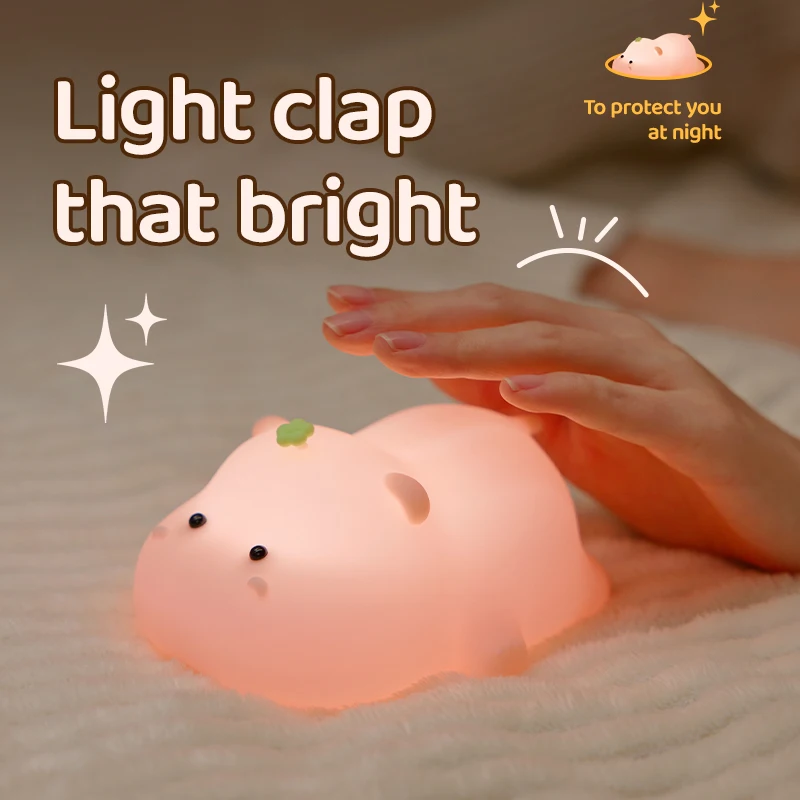 Luz nocturna de hipopótamo rosa para niños, Linda luz nocturna de silicona, carga USB, lámpara de sincronización táctil, decoración de escritorio,