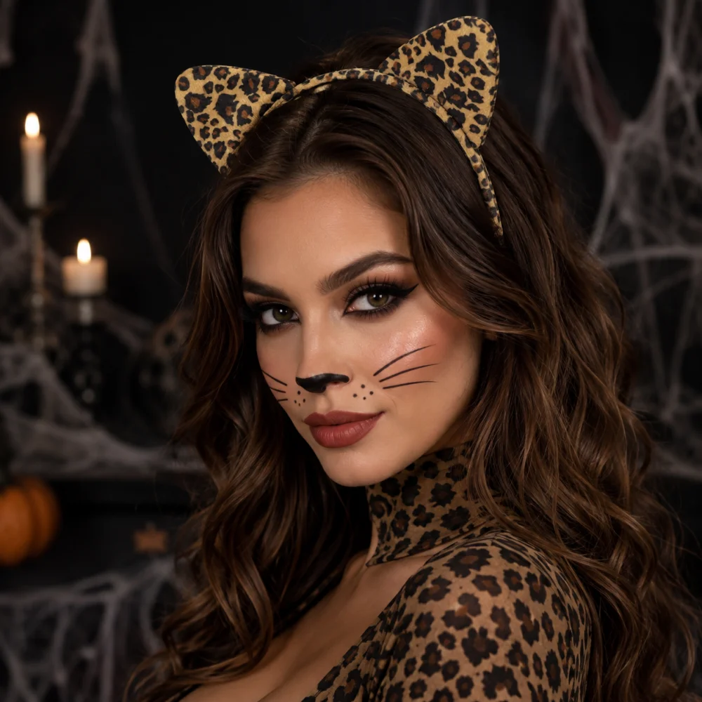 Leopard Print Cat Ear Headband for Women, Cute Animal Ears Hair Hoop, Halloween Cat Costume Cosplay Headpiece, Party Masquerade