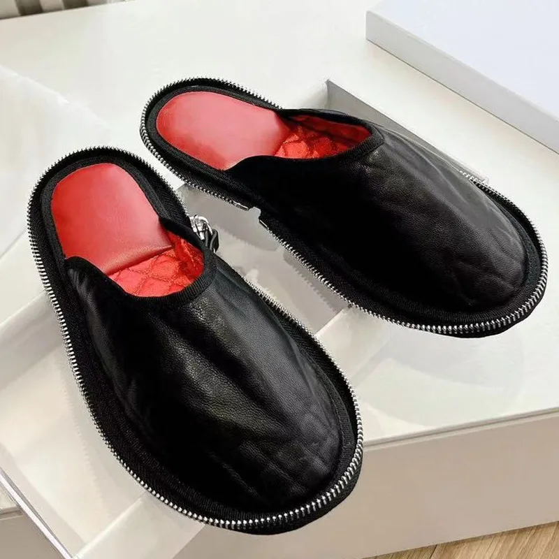 

2024 New Baotou Half Slippers for Women Wearing Leather Flat Bottom British Casual Folding One Step Shoes with Muller Shoes