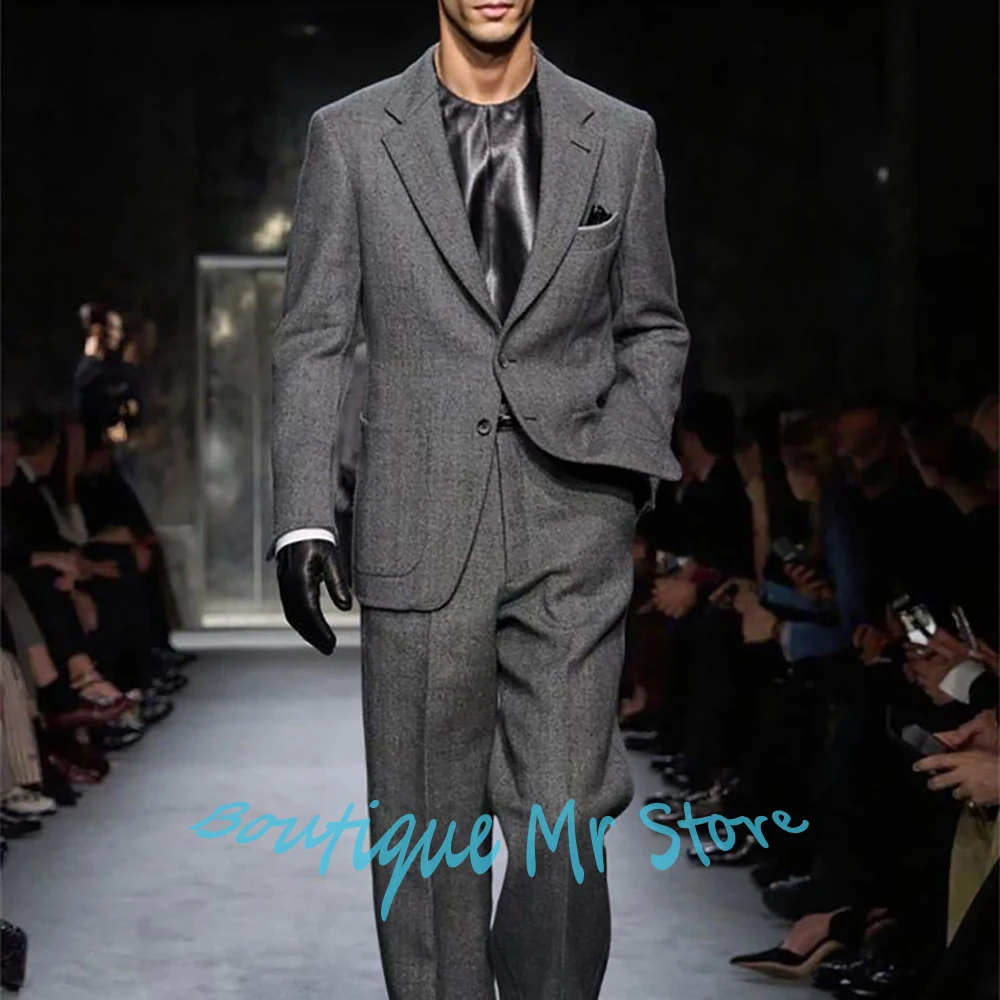 

Herringbone Men's Grey Single Breasted Suits with Notch Lapel 2Piece(Jacket+Pants) Set Formal Modern Evening Banquet Party Wear