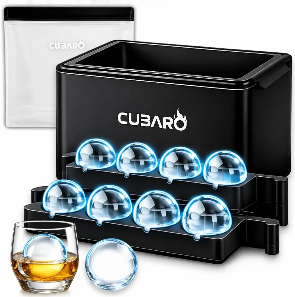 

Clear Ice Ball Maker with Bonus Freezer Bag | 8 Lar 2" Crystal Clear Ice Spheres | Premium Hard Shell Directional Free