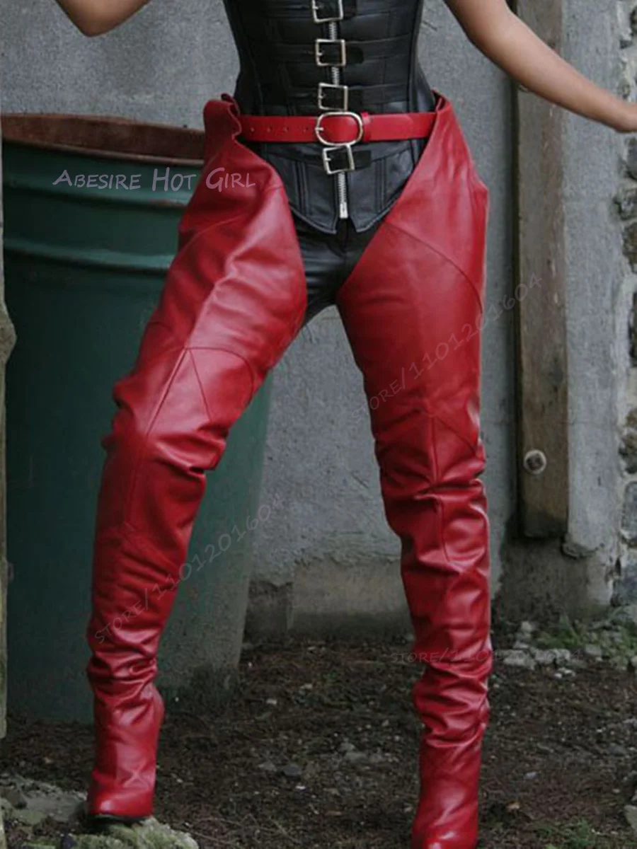 

Black Pants Boots Stiletto Heel Pointed Toe Black Slim Waist Belt Buckle Red Patent Leather Matte White Zipper Belt Buckle Shoes