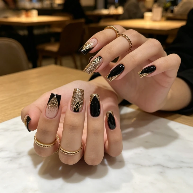 

Luxury Black Gold Glitter Press On Nails, Short Square French False Nails with Gold Foil & Geometric Accents, 24Pcs Kit with Jelly Tabs & Nail File