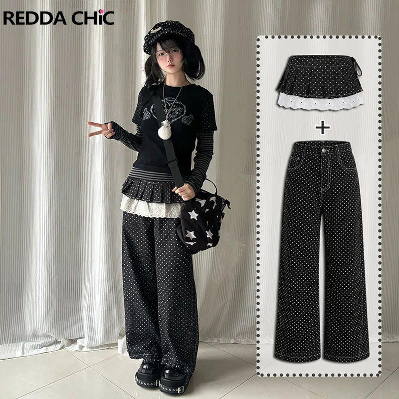 

Джинсы REDDACHiC с плиссированной юбкой-накладкой, модные, в стиле пэчворк, с кружевными вставками, цветными блоками и точками, черные, широкие, в стиле гранж, ретро, уличная мода