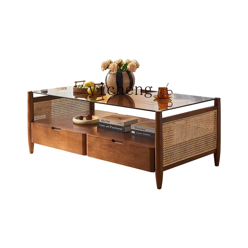 

YY Nordic Solid Wood Tea Table Side Table Combination Living Room Rectangular Rattan Glass Home