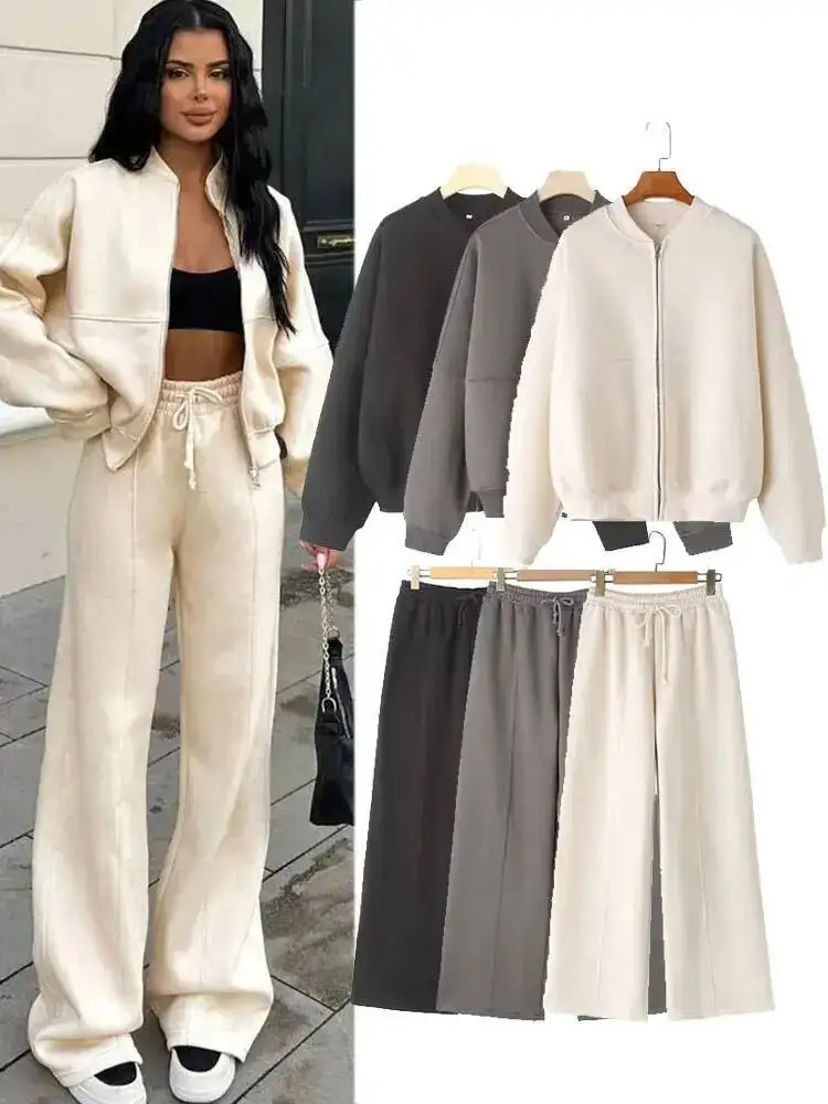 

HH Fall 2-Piece Retro Solid Color Zip Bomber Jacket Sweatshirt+High Waist Lace Up Women's Wide Leg Pants Street Wear