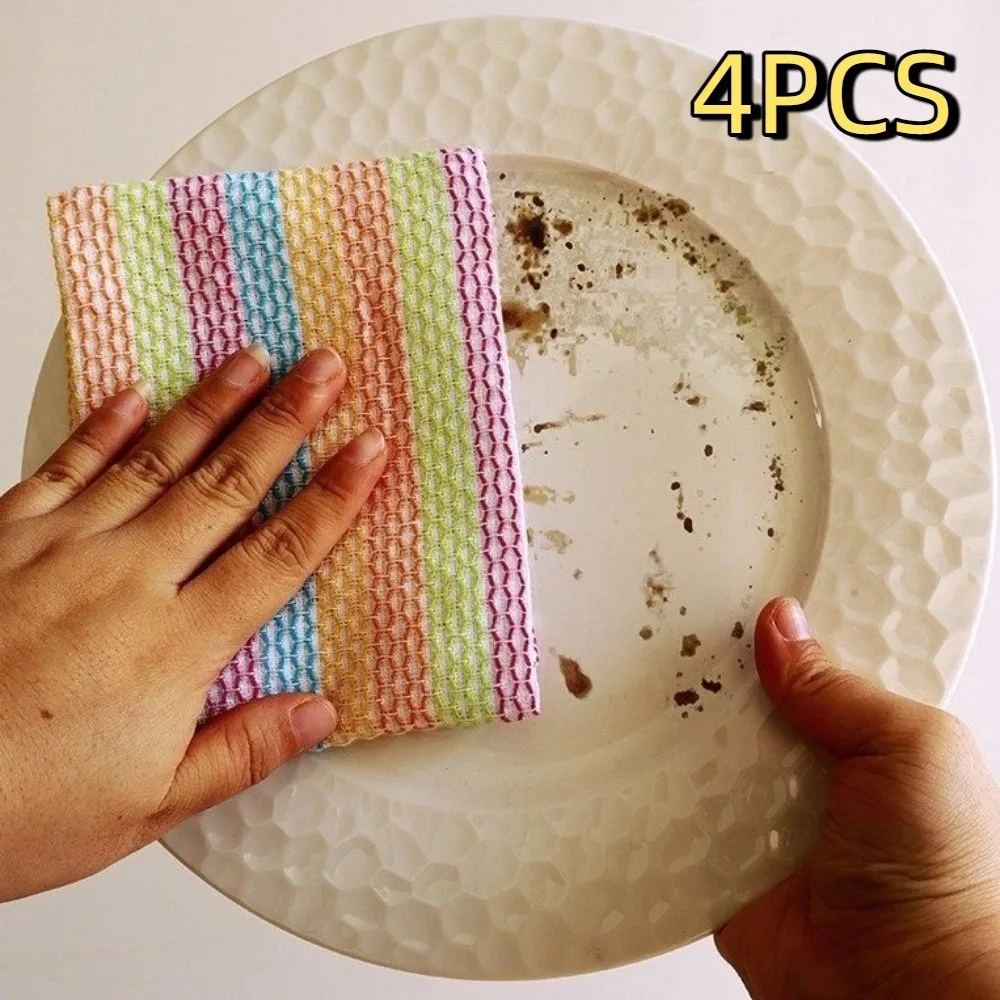 

4PCS Portable Striped Pattern Kitchen Towels Breathable Square Scouring Pads Soft Quick-Drying Kitchen Rag Kitchen Cleaning