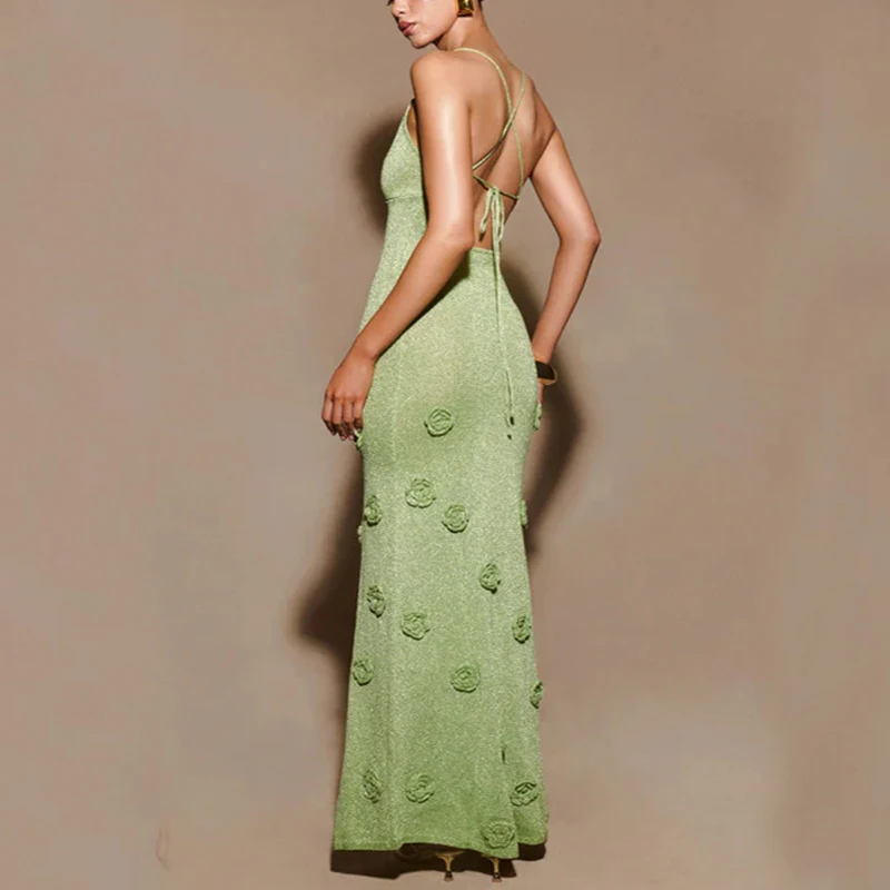 Женское новое стильное вязаное длинное стильное платье для пляжного отдыха, облегающее повседневное платье с цветочным декором и открытой спиной на бретельках