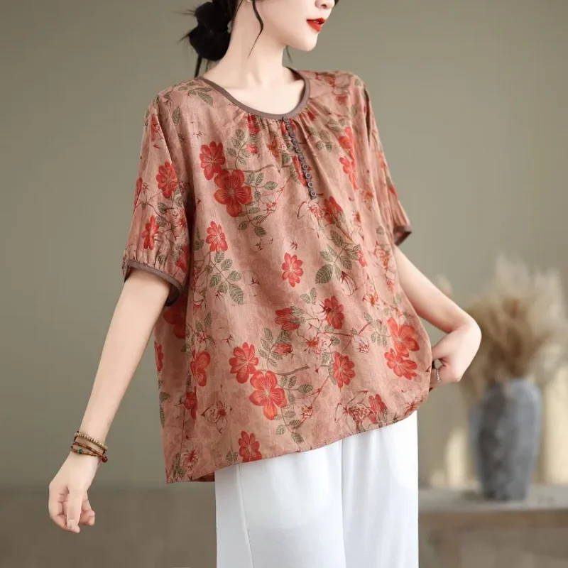 Mom's Style Printed Short-sleeved T-shirt Women Summer Thin New National Bubble Cotton Linen Top
