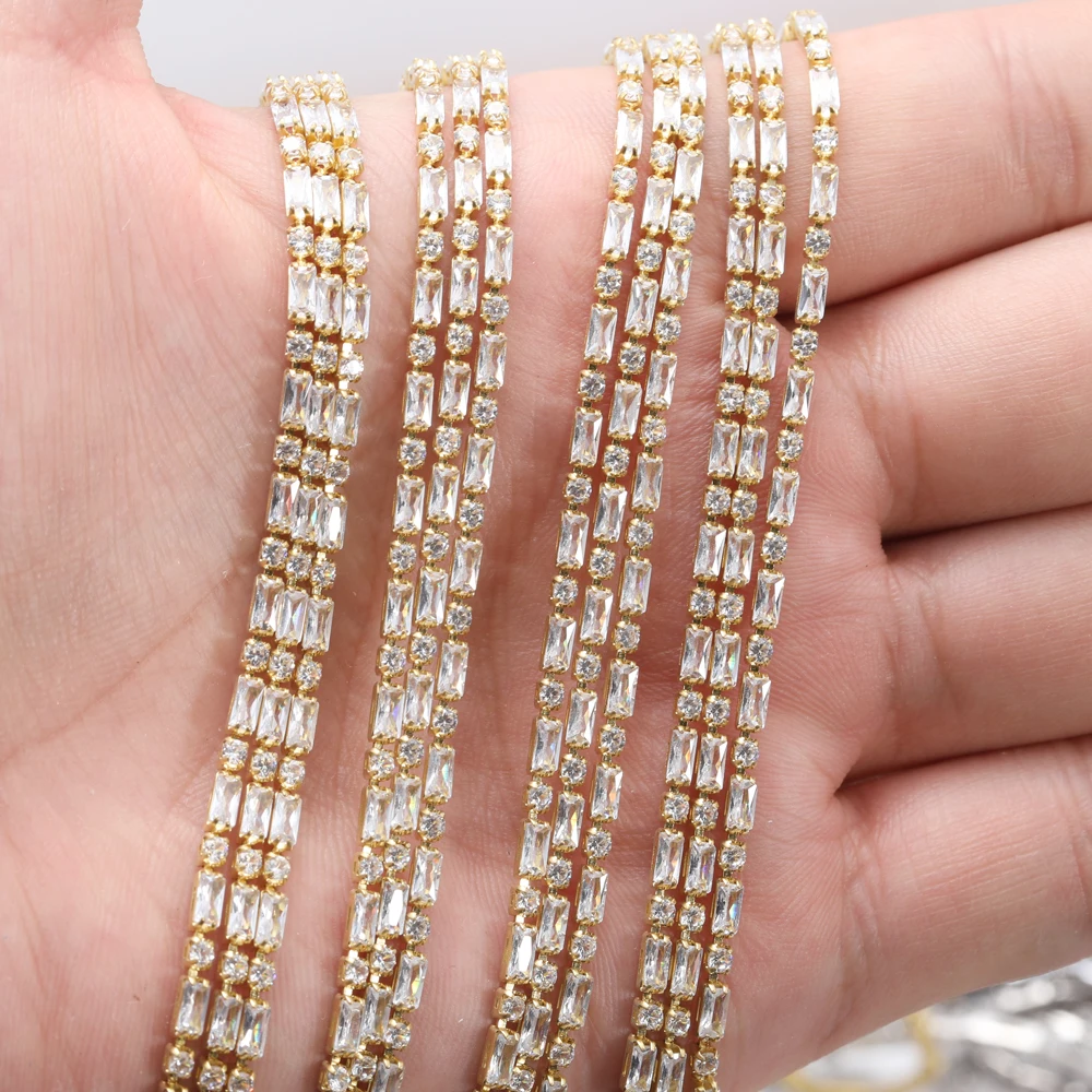 1 Yard Silver Base Rectangle Zirconia Cup Chains Glitter Zircon Rhinestone Trims For Necklace DIY Zircon Chains Dress Decoration