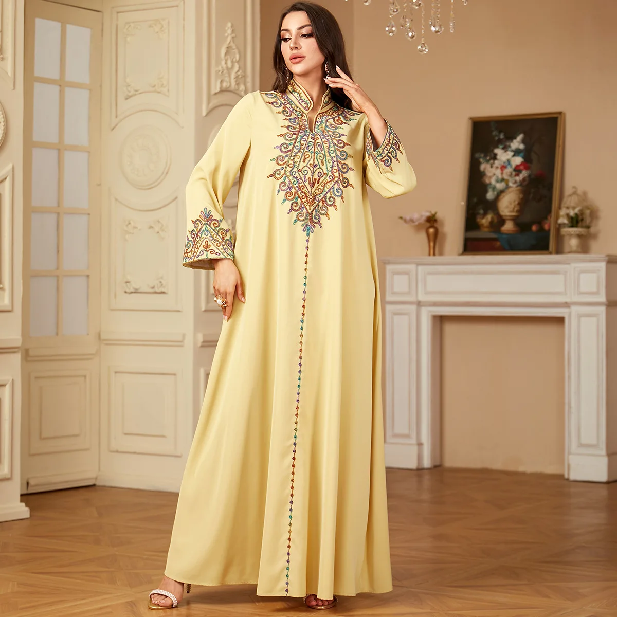 

Middle East 2026 Muslim New Fashion Arab Women's Embroideried Casual Trendy Elegant Loose V-neck Jalabiya Dresses Emale Clothes