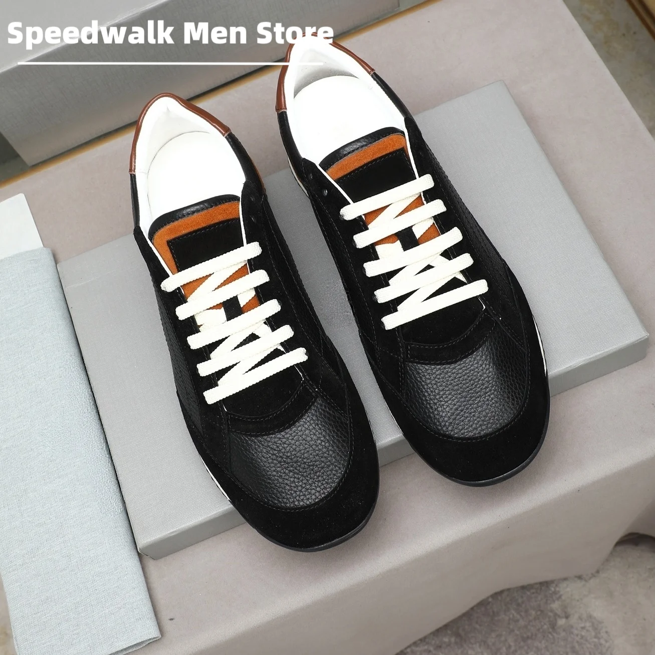 Men Soft Leather Suede Retro Sneakers Lace Up Low Top Flat Casual Shoes Shock Absorbing Sole Daily Walking Athletic Trainers