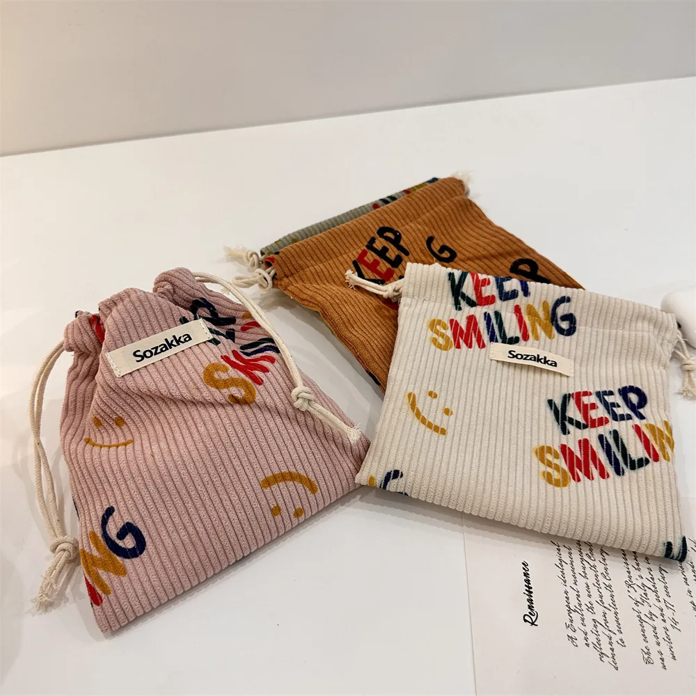 Small Corduroy Smile Coin Purse Key Earphone Drawstring Storage Bag Women Girls Jewelry Lipstick Cosmetic Tote Rope Pouch String