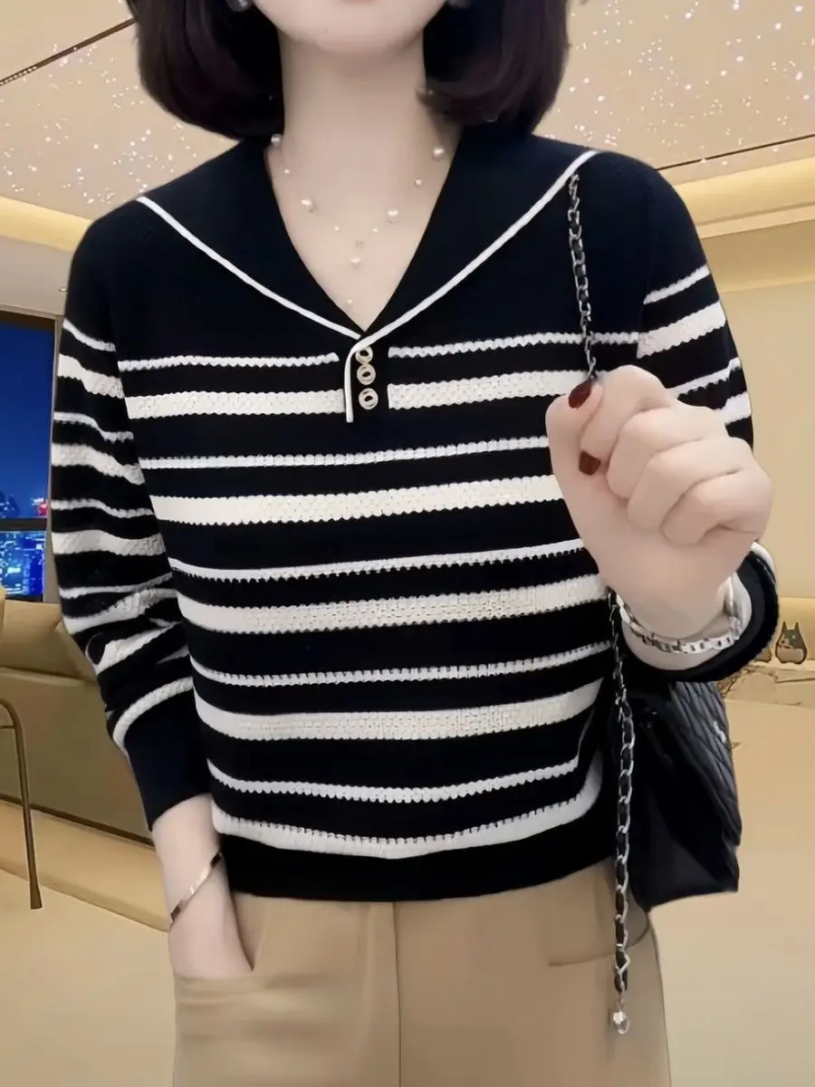 

Large Size Knitted Sweater Women's Faionable Stripe Long Sve V-Ne Autumn Top Breathable Comfortable Loose Fit Inner Wear