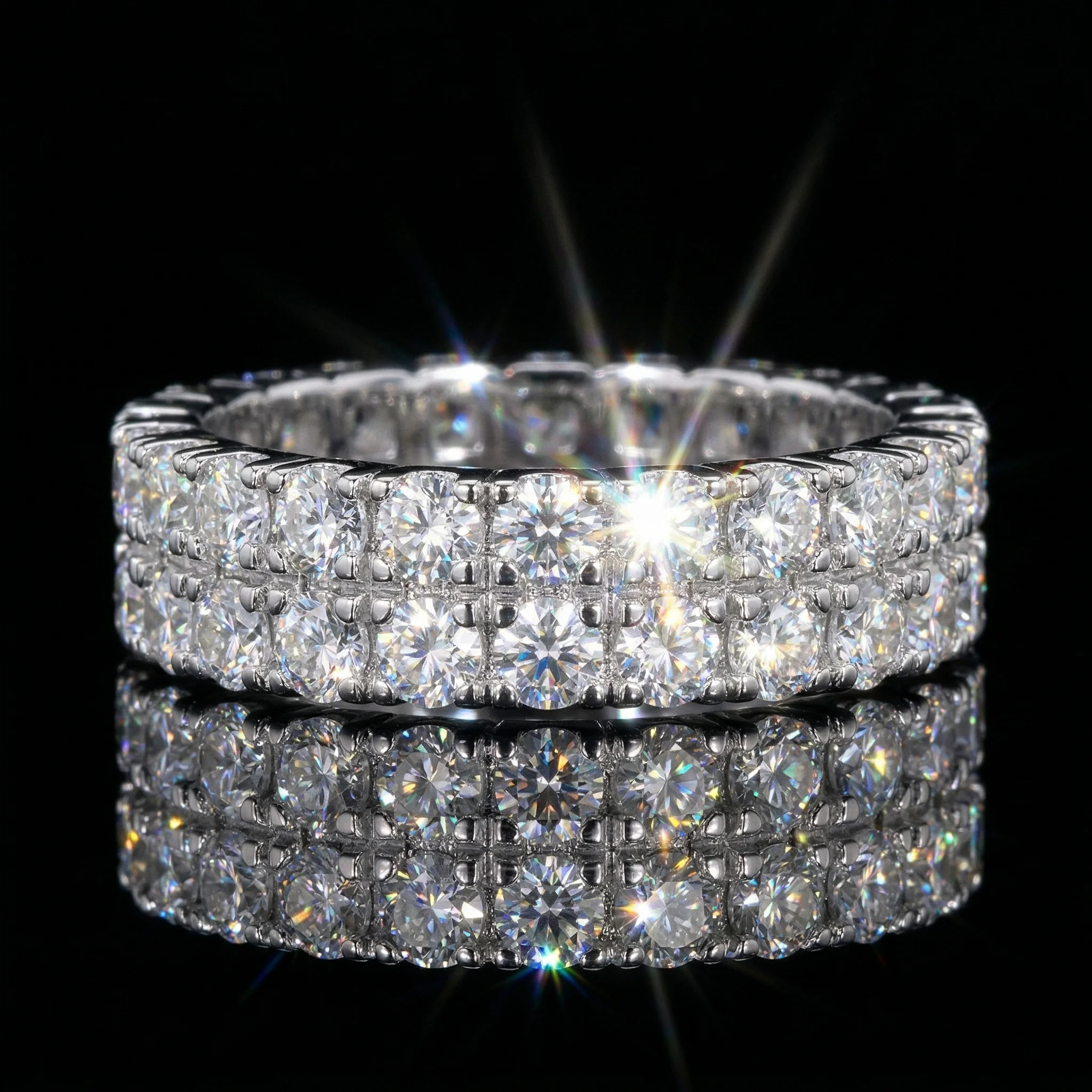 

Moissanite Ring, 925 Sterling Silver, D Color VVS1, Double Row Full Pave, Unisex Stackable, With Certificate