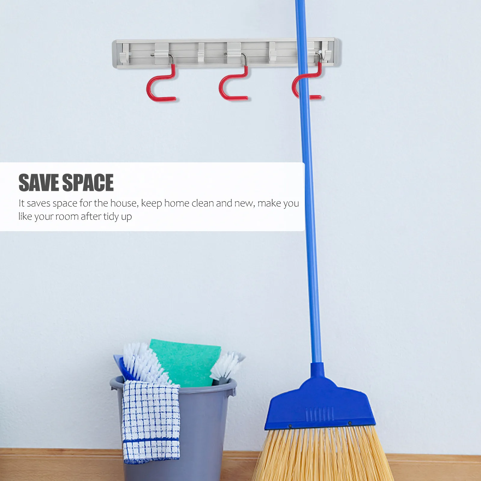 Broom Mop Holder Wall Mounted Aluminum Alloy Organizer with 3 Hangers for Kitchen Bathroom Garage