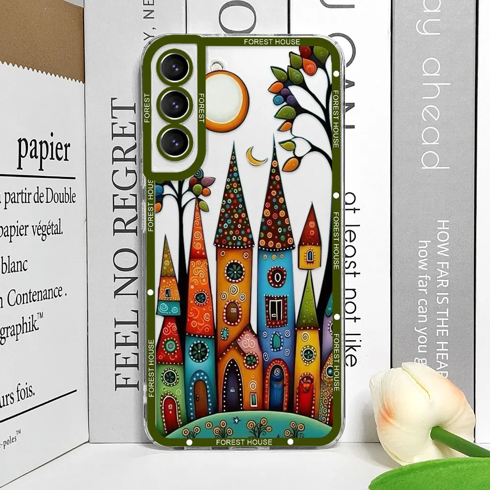 Handbemalte Waldhaus-klare Handyhülle für Samsung A55 A54 A53 A51 A70 A32 A31 A22 A13 4G 5G Soft Cover Ästhetische Kunst Fundas