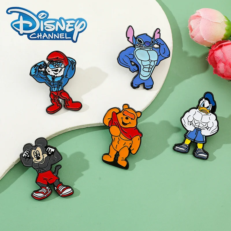 

5 Pcs Disney Creative Personality Cartoon Muscle Mickey Alloy Brooch Fitness Expert Stitch Winnie Donald Duck Metal Badge