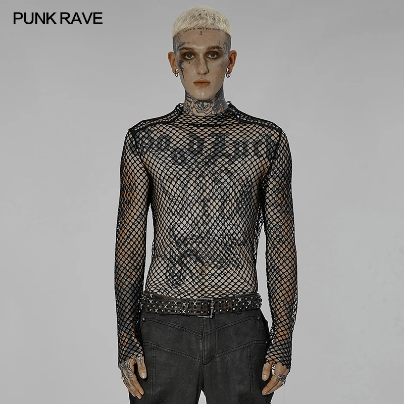 PUNK RAVE Men's Punk Sexy Gauze Rough Edges Slim T-shirt Long Sleeve Black Tops Spring and Summer T Shirts for Men